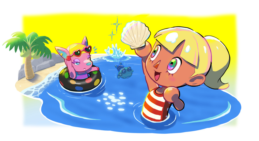 1boy 2girls :d animal_crossing aqua_one-piece_swimsuit arm_up beach blonde_hair blue_eyes blunt_bangs blush border buck_teeth coconut coconut_tree commentary_request deer_girl diving eyelashes eyewear_on_head frobert_(animal_crossing) fuchsia_(animal_crossing) furry furry_female green_eyes heart heart-shaped_eyewear high_ponytail highres holding holding_shell kopa_nishikida mollusc_shell multicolored_eyes multiple_girls notice_lines one-piece_swimsuit open_mouth outside_border palm_tree partially_submerged pink_eyes ponytail purple_eyes purple_one-piece_swimsuit red_one-piece_swimsuit rock sand seashell shell sky smile sparkle splashing striped_clothes striped_one-piece_swimsuit sunglasses swimming swimsuit teeth tree two-tone_one-piece_swimsuit villager_(animal_crossing) water white_border white_one-piece_swimsuit yellow_sky