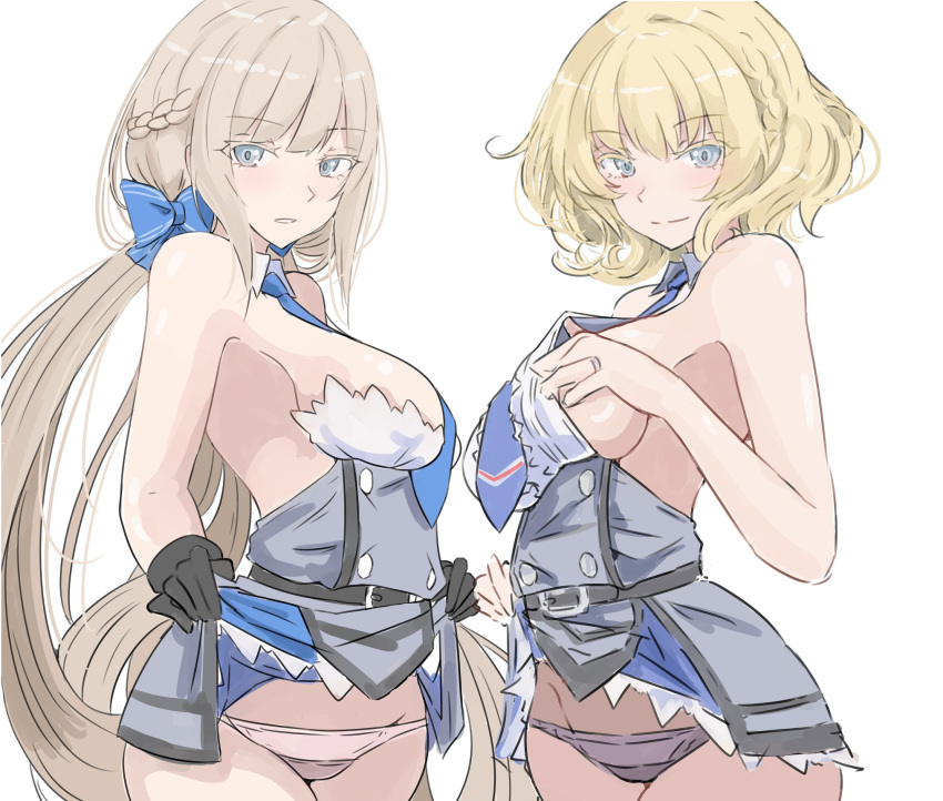 2girls black_gloves blonde_hair blue_bow blue_eyes blue_necktie bow braid breasts clothes_lift colorado_(kancolle) detached_sleeves dress dress_lift french_braid gloves grey_dress grey_panties hair_bow highres kantai_collection ken_(shutenndouji1) large_breasts lifted_by_self low_twintails maryland_(kancolle) multiple_girls necktie panties short_hair sideboob sleeveless sleeveless_dress twintails underwear