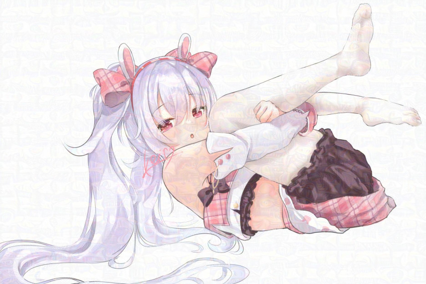 1girl :o animal_ears animal_print azur_lane bare_shoulders black_bow bow commentary crop_top detached_sleeves fake_animal_ears full_body glaze_protected_image hair_between_eyes hair_bow highres laffey_(azur_lane) laffey_(bunny_idol_@unmotivated)_(azur_lane) legs_up long_hair looking_at_viewer mukaino_kei official_alternate_costume pantyhose pink_bow pink_skirt plaid plaid_bow plaid_skirt rabbit_ears rabbit_print red_eyes signature skirt solo twintails white_hair white_pantyhose