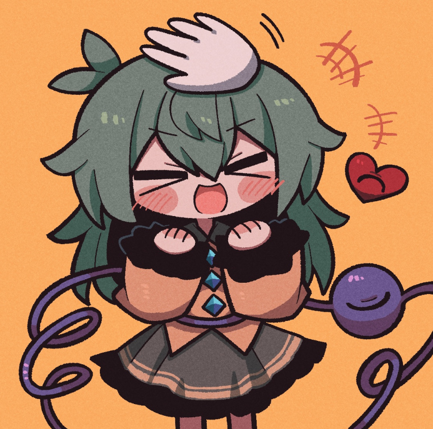 &gt;_&lt; 1girl blush buttons clenched_hands collar collared_shirt diamond_(shape) diamond_button disembodied_limb frilled_shirt frilled_skirt frilled_sleeves frills gloves green_collar green_hair green_skirt hair_between_eyes hands_up happy headpat heart komeiji_koishi long_hair long_sleeves open_mouth shirt simple_background skirt sleeves_past_wrists smile third_eye touhou white_gloves yellow_background yellow_shirt zunusama