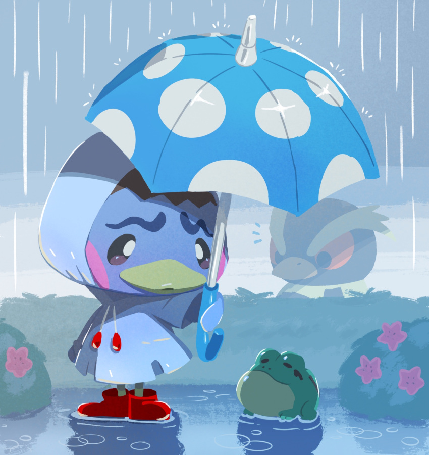 1boy 1girl animal_crossing bird_boy blue_coat blue_raincoat blue_umbrella blush_stickers boots brown_hair bush closed_mouth coat commentary_request drawstring duck_girl flower frog furry furry_female highres holding holding_umbrella hood hood_up hooded_coat hopper_(animal_crossing) kopa_nishikida long_sleeves notice_lines outdoors overcast pate_(animal_crossing) polka_dot polka_dot_umbrella rain raincoat red_eyes red_footwear rubber_boots sky standing umbrella water white_flower