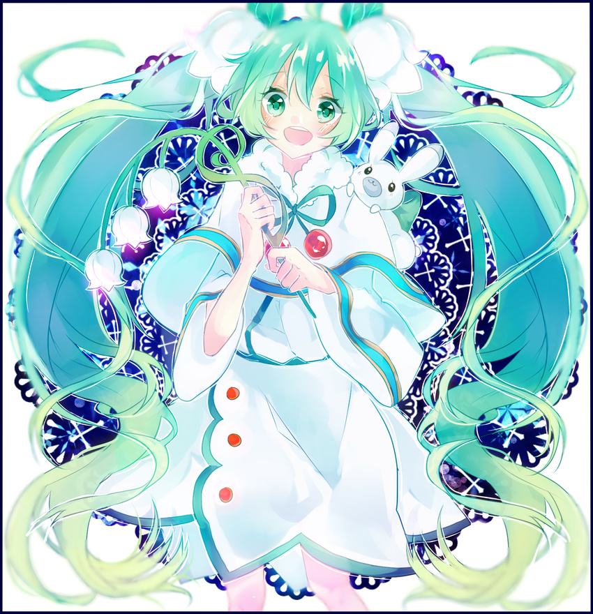 animal animal_on_shoulder bad_id bad_pixiv_id bunny chano_hinano flower green_eyes green_hair hatsune_miku highres long_hair looking_at_viewer open_mouth snowdrop_(flower) twintails very_long_hair vocaloid yuki_miku yukine_(vocaloid)