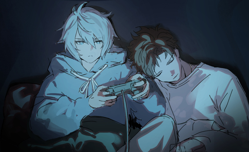 2boys @_43517 belial_(granblue_fantasy) bishounen black_background blue_hood blue_hoodie brown_hair closed_eyes controller crossed_legs dark expressionless granblue_fantasy hair_between_eyes hood hoodie korean_commentary leaning_on_person light light_frown long_sleeves lucilius_(granblue_fantasy) male_focus messy_hair multiple_boys parted_bangs shadow shirt short_hair sleeping spiked_hair under_covers video_game watching_television white_shirt