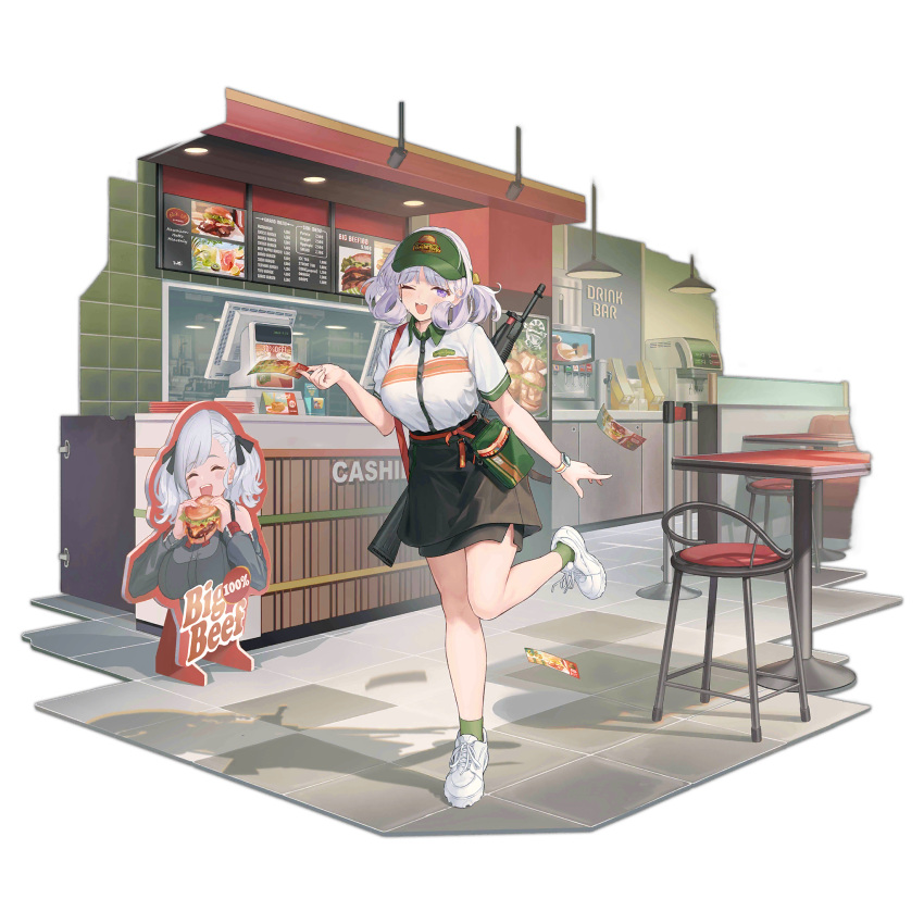 1girl ;d apron black_apron black_skirt blush booth_seating breasts burger cash_register ceiling_light chair character_cutout coffee_maker collared_shirt counter employee_uniform english_text fast_food fast_food_uniform fingernails flyer food full_body girls'_frontline green_bag green_headwear green_socks gun highres holding_flyer large_breasts looking_at_viewer menu_board napkin official_alternate_costume official_art one_eye_closed restaurant shadow shirt short_sleeves shotgun skirt smile socks soda_fountain solo spas-12_(girls'_frontline) spas-15 spas-15_(girls'_frontline) spas-15_(miss_pittsburgh)_(girls'_frontline) standing standing_on_one_leg table teeth third-party_source tile_floor tiles transparent_background u_jie uniform upper_teeth_only visor_cap waist_apron watch weapon white_footwear white_shirt wristwatch