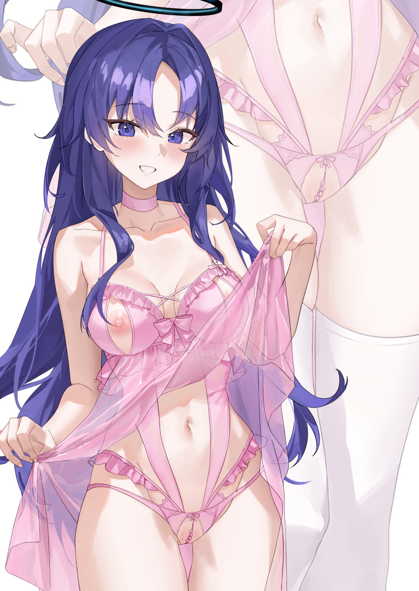 1girl absurdres blue_archive blush breasts choker collarbone grin hido88 highres lingerie long_hair looking_at_viewer medium_breasts navel nipples panties pink_choker pink_panties purple_eyes purple_hair simple_background smile solo thighhighs underwear white_background white_thighhighs yuuka_(blue_archive) zoom_layer