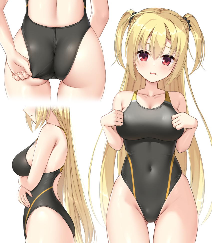 1girl absurdres adjusting_clothes adjusting_swimsuit arihara_nanami arm_support armpit_crease arms_at_sides arms_under_breasts ass ass_focus bare_arms bare_shoulders black_one-piece_swimsuit blonde_hair blush breasts closed_mouth collarbone commentary_request competition_swimsuit cover cover_page covered_navel cowboy_shot crossed_arms curvy eyes_visible_through_hair fingernails flower groin hair_between_eyes hair_flower hair_ornament head_out_of_frame head_tilt highleg highleg_swimsuit highres large_breasts long_hair looking_at_viewer multiple_views ncontrail_(mgax7527) official_alternate_costume official_alternate_hairstyle one-piece_swimsuit poolside red_eyes red_flower riddle_joker simple_background smile standing straight_hair swimsuit thighs tsurime twintails very_long_hair wading water white_background