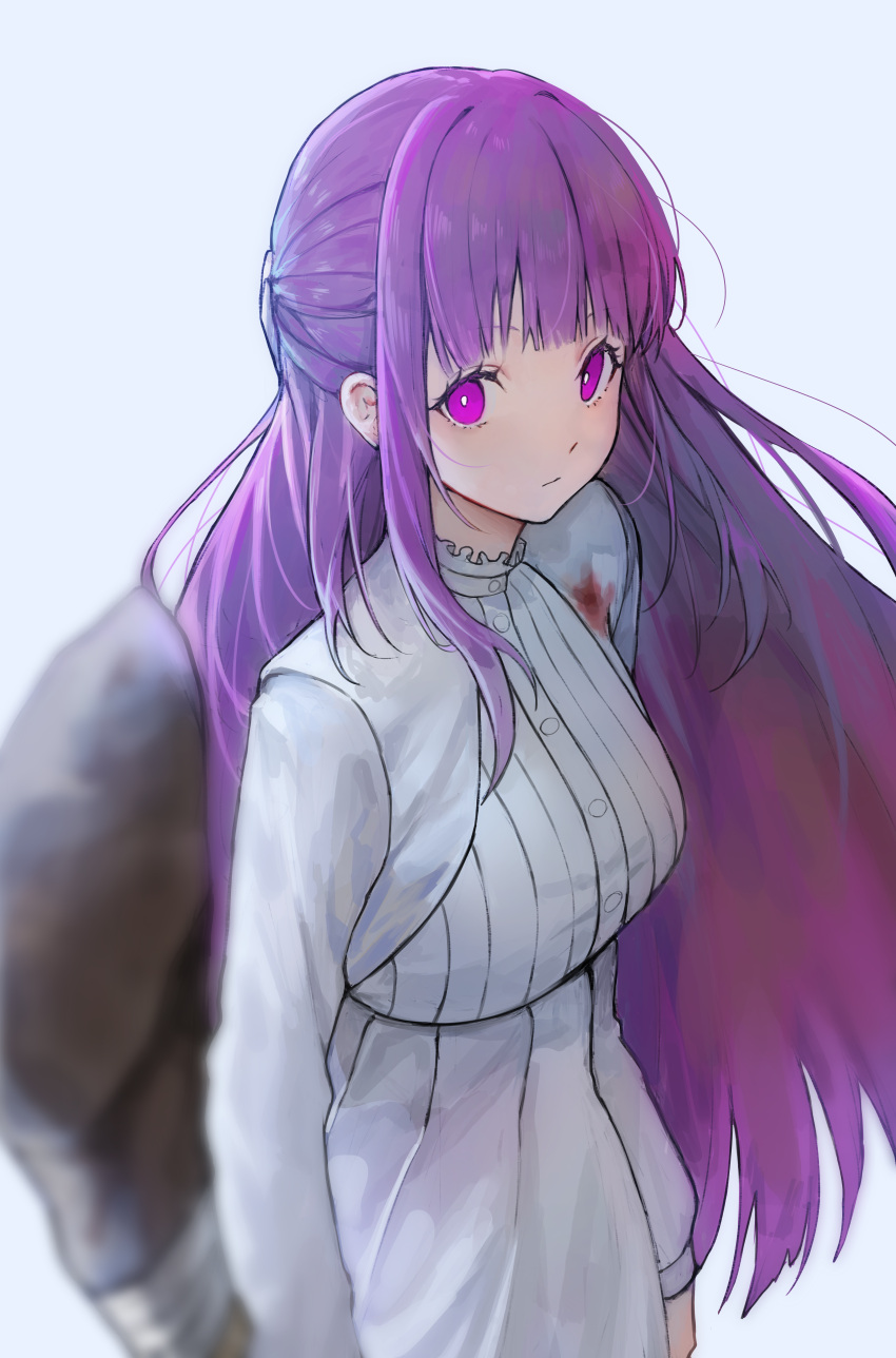 1girl absurdres blood blood_on_clothes dress expressionless fern_(sousou_no_frieren) highres kaze_22 long_hair looking_at_viewer mage_staff purple_hair purple_pupils simple_background solo sousou_no_frieren white_background white_dress