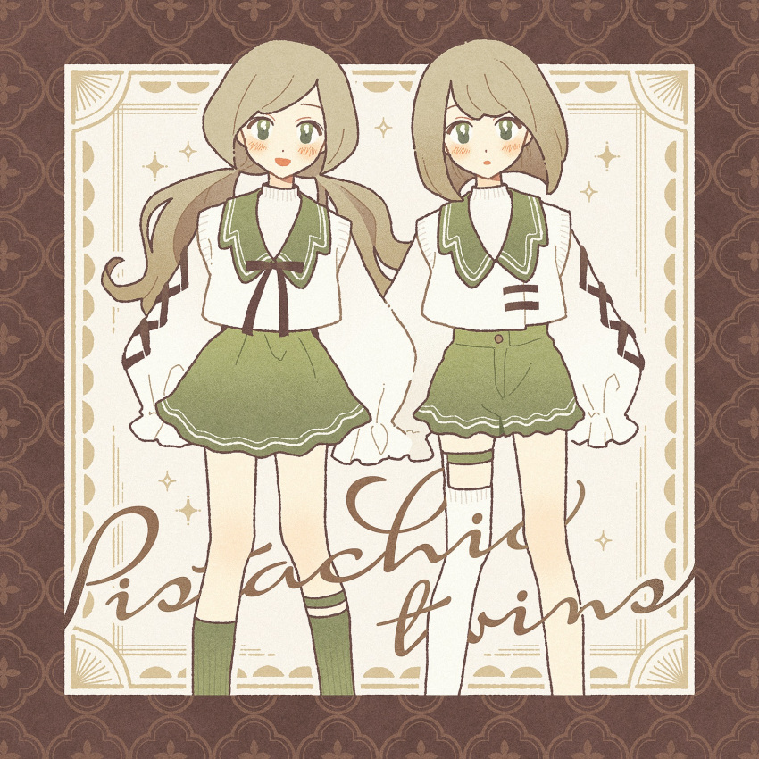 2girls :d :o black_ribbon blonde_hair blunt_ends blush border brown_border commentary_request dot_nose feet_out_of_frame frilled_sleeves frills green_eyes green_shorts green_skirt green_socks highres kneehighs long_hair looking_at_viewer multiple_girls nahara_saki neck_ribbon open_mouth original ribbon short_hair shorts siblings single_thighhigh sisters skirt sleeves_past_fingers sleeves_past_wrists smile socks sparkle standing sweater sweater_vest thigh_strap thighhighs twins twintails white_background white_sweater white_sweater_vest white_thighhighs
