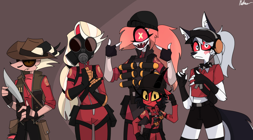 &lt;3 &lt;3_eyes 4_fingers absurd_res anthro armor beanie black_hair bladed_weapon blonde_hair blush blush_lines bottomwear bullet canid canid_demon charlie_morningstar cherri_bomb_(hazbin_hotel) clothing collar cosplay cyclops demon demon_humanoid electronics explosives eyewear female fingers fire_suit fur gas_mask gear glasses gloves grenade grenade_belt grey_hair group hair handwear hat hazbin_hotel headgear headphones headwear hellhound helluva_boss helmet hi_res horn humanoid imp jacket kukri looking_at_viewer loona_(helluva_boss) male mammal mask military_uniform millie_(helluva_boss) name_tag pink_hair pouches red_clothing red_eyes red_sclera red_topwear shirt shorts signature sinner_demon smile spiked_collar spikes striker_(helluva_boss) suit tag tail team_fortress_2 topwear uniform unknown_artist valve vest weapon white_body white_fur x_pupils yellow_sclera