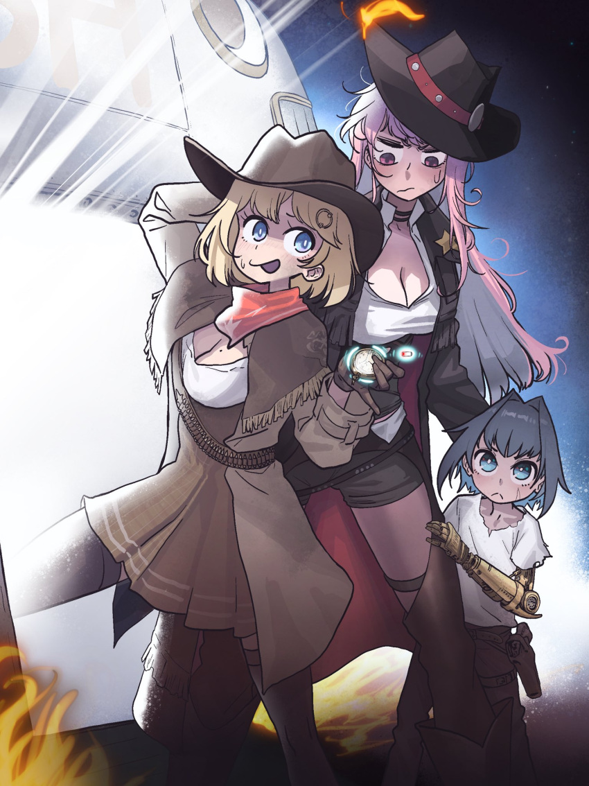 3girls :&lt; alternate_costume arm_up battery_indicator blue_eyes blue_hair breasts brown_dress choker cleavage cowboy dress hair_intakes hat height highres hololive hololive_english large_breasts long_hair medium_hair mole mole_on_breast mori_calliope multiple_girls open_mouth ouro_kronii pink_eyes pink_hair pocket_watch prosthesis prosthetic_arm scarf shawl short_hair shorts thighhighs virtual_youtuber watch watson_amelia zedd_(zedgawr)