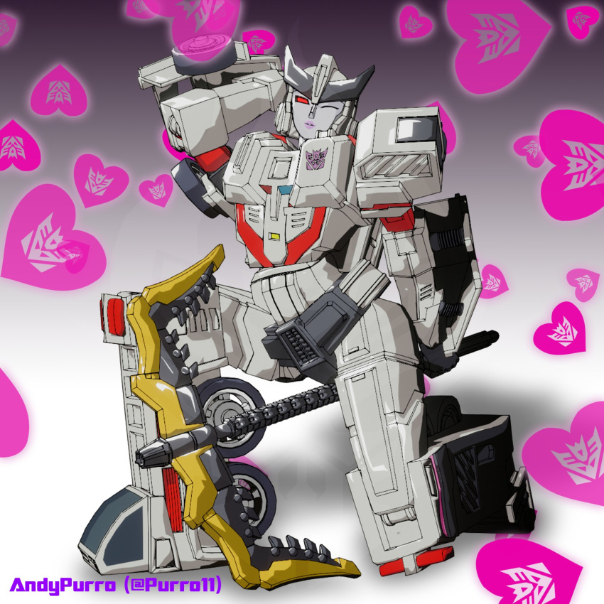 1girl 3d andypurro blender_(medium) decepticon heart helmet highres humanoid_robot looking_at_viewer mecha megaempress one_eye_closed pickaxe posing red_eyes robot robot_girl solo transformers