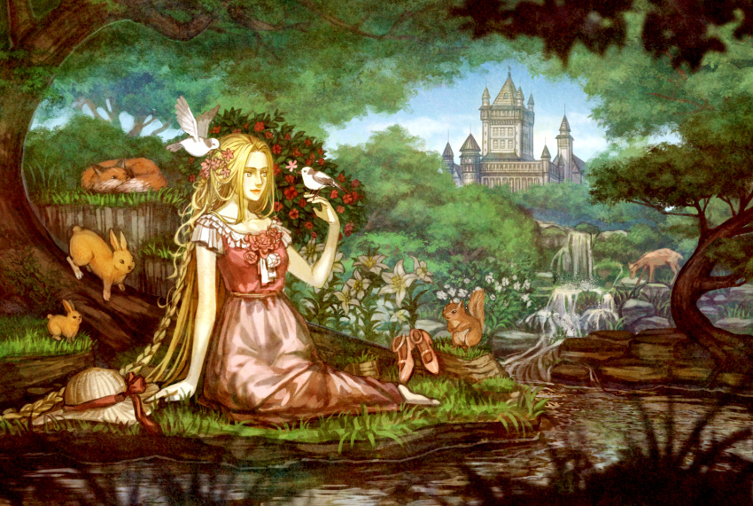 1girl animal barefoot bird bird_on_hand blonde_hair blue_sky braid castle commentary day deer dress flower foliage forest fox french_braid grass grimm's_fairy_tales hair_flower hair_ornament hat high_heels highres long_hair nature outdoors pink_dress pink_flower plant rabbit rapunzel_(disney) red_flower scenery shoes sitting sky solo sora_(akaisw) squirrel stream sun_hat tree unworn_shoes very_long_hair water waterfall white_flower wide_shot