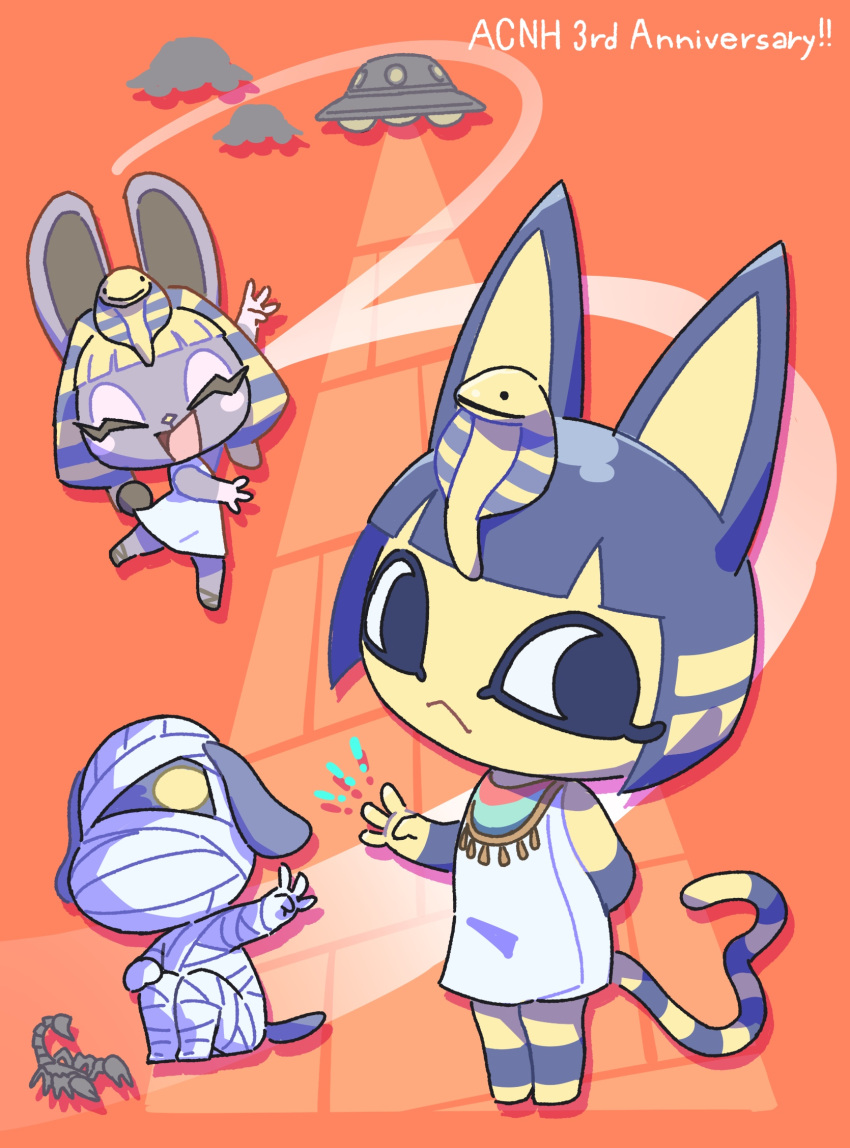 1boy 2girls :&lt; :d ^_^ animal_crossing ankha_(animal_crossing) anniversary arm_behind_back arm_up bandages black_hair blonde_hair blunt_bangs blush blush_stickers bonbon_(animal_crossing) cat_girl closed_eyes closed_mouth commentary_request dog_boy dress egyptian_clothes expressionless eyelashes flying_saucer furry furry_female furry_male hand_up highres kopa_nishikida looking_at_viewer lucky_(animal_crossing) multiple_girls nemes one_eye_covered open_mouth orange_background pyramid_(structure) rabbit_girl scorpion short_hair simple_background sleeveless sleeveless_dress smile spacecraft ufo uraeus usekh_collar white_dress yellow_eyes
