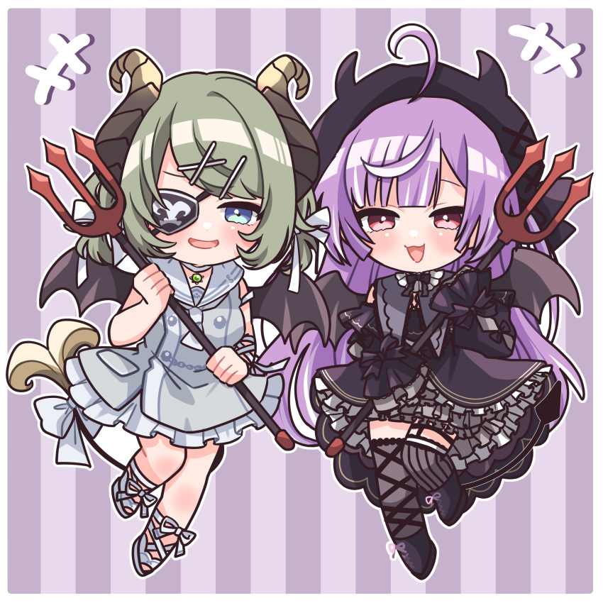 2girls absurdres ahoge asymmetrical_legwear beret black_dress black_footwear black_headwear black_ribbon blue_eyes blunt_bangs blush boots border brown_horns brown_wings chibi collar cowlick demon_girl demon_horns dress eyepatch frilled_dress frills full_body green_hair grey_collar grey_dress grey_thighhighs hat highres holding holding_pitchfork horns kino_haruc leg_ribbon long_hair looking_at_viewer medium_bangs mismatched_legwear multiple_girls nanashi_inc. official_alternate_costume open_mouth pitchfork purple_background purple_hair red_eyes ribbon sailor_dress sekishiro_mico shisui_kiki shisui_kiki_(2nd_costume) short_hair sleeveless sleeveless_dress sleeves_past_fingers sleeves_past_wrists smile striped_background striped_clothes striped_thighhighs swept_bangs thighhighs vertical-striped_clothes vertical-striped_thighhighs very_long_hair virtual_youtuber white_border white_ribbon wings