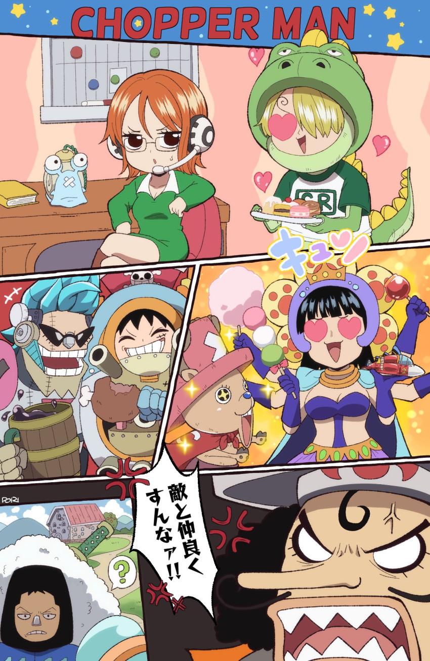 2girls 5boys black_hair blonde_hair book brown_eyes character_request desk dinosaur_costume green_shirt hat heart highres horns long_hair long_sleeves monkey_d._luffy multiple_boys multiple_girls nami_(one_piece) one_piece open_mouth orange_hair pori_(kmt_pori) sanji_(one_piece) shirt smile snail t-shirt teeth tony_tony_chopper translation_request usopp