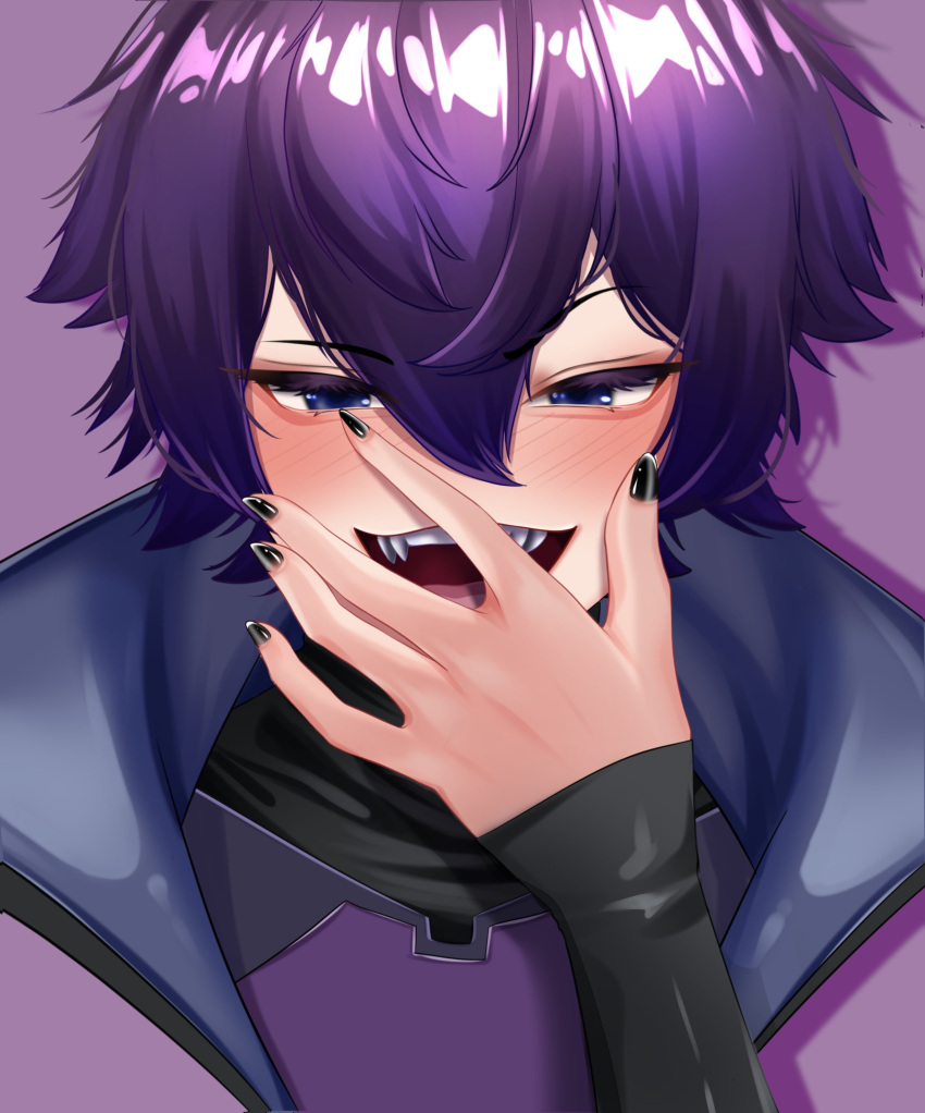 1boy absurdres black_nails blue_eyes blush commentary drop_shadow english_commentary hair_between_eyes half-closed_eyes hand_focus highres hmmmanon indie_virtual_youtuber male_focus open_mouth portrait purple_background purple_hair purple_theme sharp_teeth short_hair shoto_(vtuber) simple_background skin_tight sleeves_past_wrists solo teeth tsurime upper_teeth_only v-shaped_eyebrows virtual_youtuber