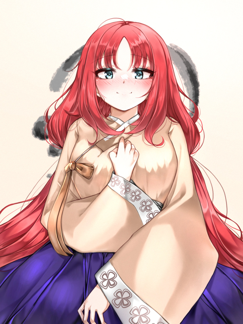 1girl alternate_costume ao_tanuki blue_eyes blue_skirt blush bow breasts brown_bow brown_hanbok genshin_impact hanbok hand_on_own_chest highres korean_clothes large_breasts long_hair looking_at_viewer low_twintails nilou_(genshin_impact) parted_bangs red_hair skirt smile solo straight-on twintails very_long_hair