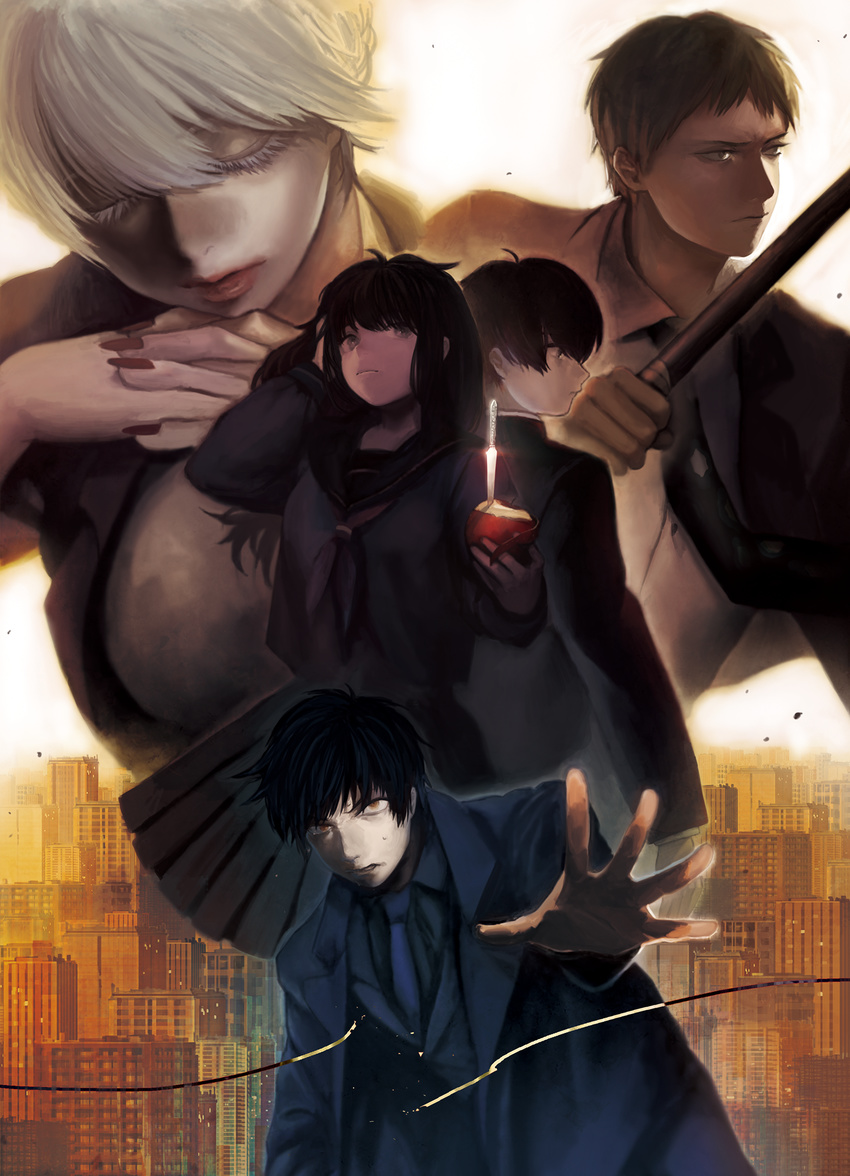 3boys apple bad_id bad_pixiv_id black_hair black_serafuku chin_rest cityscape closed_eyes coat food fruit hand_on_own_head highres knife long_hair multiple_boys multiple_girls original poster school_uniform serafuku short_hair sweatdrop zipperradio