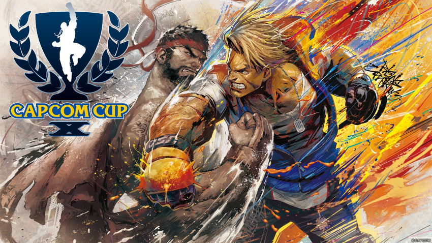 2boys beard black_hair blonde_hair capcom clenched_teeth dog_tags facial_hair fighting headband highres luke_sullivan multiple_boys muscular muscular_male official_art punching red_headband ryu_(street_fighter) scar scar_on_face street_fighter street_fighter_6 teeth thick_eyebrows veins veiny_arms