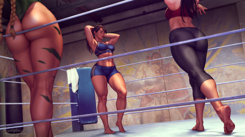 3girls abs adjusting_hair arms_up ass bare_legs black_hair boxing_ring braid breasts cammy_white chun-li commentary crossover english_commentary gym head_out_of_frame highres krystopher_decker legs_together leotard looking_at_another multiple_girls muscular muscular_female paid_reward_available pants punching_bag realistic ryu_(street_fighter) short_shorts shorts sports_bra spy_x_family standing street_fighter towel twin_braids yoga_pants yor_briar