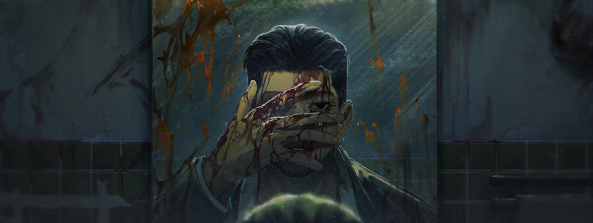 1boy absurdres bathroom black_eyes black_hair black_jacket blood blood_on_face blood_on_hands blood_on_wall covering_face daju_zha_wan dark facial_hair goatee golden_kamuy hair_slicked_back highres indoors jacket long_sleeves looking_at_mirror male_focus mirror ogata_hyakunosuke one_eye_covered parted_lips portrait pov reflection shirt solo teeth tile_wall tiles undercut white_shirt