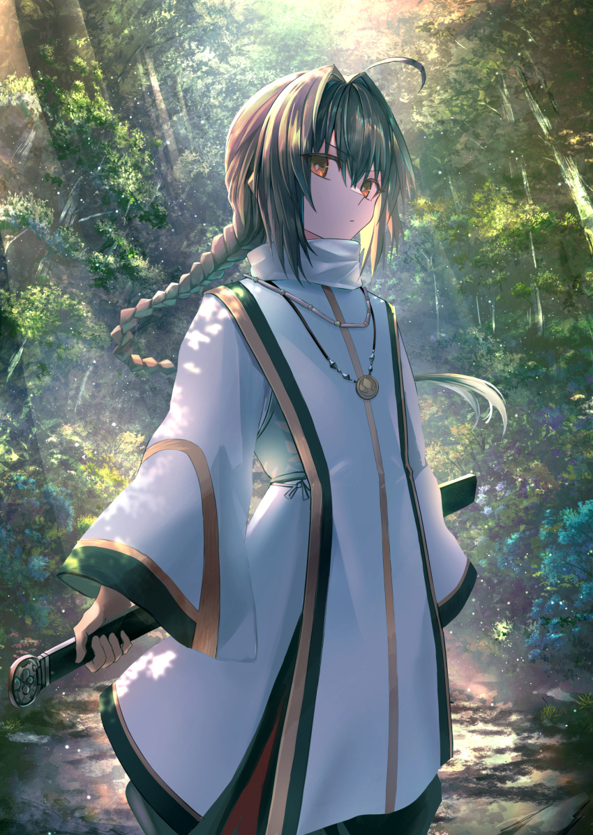 1other absurdres ahoge androgynous black_hair braid braided_ponytail brown_eyes closed_mouth commentary cowboy_shot dappled_sunlight day fate/samurai_remnant fate_(series) floating_hair forest hair_intakes highres holding holding_sword holding_weapon jewelry kaze_minoru_so-ru light_rays long_hair long_sleeves looking_at_viewer nature outdoors pendant sheath sheathed shirt sunbeam sunlight sword weapon weapon_on_back white_shirt wide_sleeves yamato_takeru_(fate)