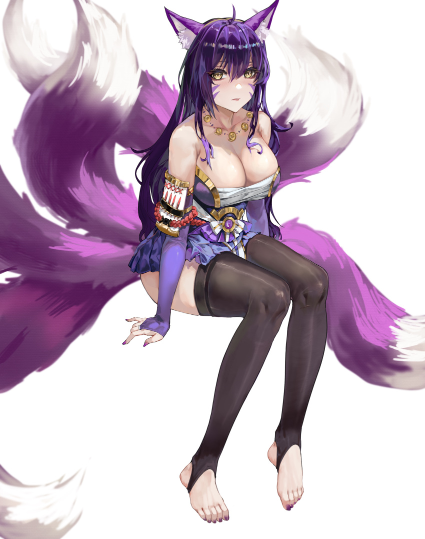 1girl absurdres animal_ears azur_lane bandages black_thighhighs breasts bridal_gauntlets chest_sarashi cleavage commentary_request elbow_gloves facial_mark feet fox_ears fox_tail gloves hair_between_eyes highres large_breasts legs long_hair multiple_tails musashi_(azur_lane) nail_polish no_shoes purple_gloves purple_hair sarashi sitting solo stirrup_legwear tail thighhighs thighs toeless_legwear toenail_polish toenails toes very_long_hair whisker_markings yellow_eyes yu_ruo