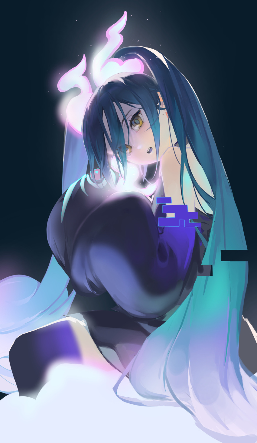 1girl bare_shoulders black_background black_skirt black_thighhighs detached_sleeves ghost_miku_(project_voltage) glitch hair_ornament hair_over_one_eye hands_up hatsune_miku highres light_particles long_hair looking_to_the_side miniskirt open_mouth pamafff pokemon project_voltage simple_background sitting skirt sleeves_past_fingers sleeves_past_wrists solo thighhighs twintails very_long_hair vocaloid wide_sleeves yellow_eyes