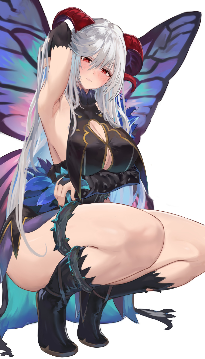 1girl absurdres boots breasts bridal_gauntlets butterfly_wings chiyu1182 cleavage curled_horns fire_emblem fire_emblem_heroes freyja_(fire_emblem) goat_horns grey_hair highres horns huge_breasts insect_wings long_hair red_horns wings