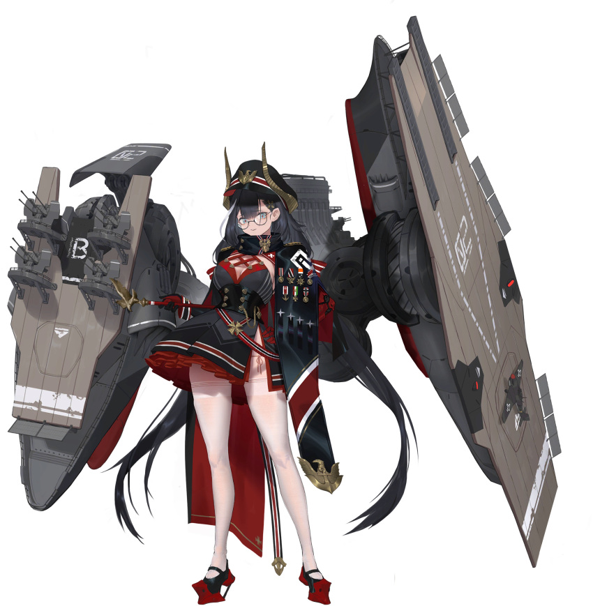 1girl adapted_turret artist_request black_coat black_dress black_hair black_headwear black_surge_night blue_eyes breasts cleavage coat dress fake_horns flag_request flight_deck full_body glasses hair_ornament hat highres horned_headwear horns italian_flag long_hair machinery medal medium_breasts military_hat norwegian_flag official_art peter_strasser_(black_surge_night) red_pupils rigging solo thighhighs third-party_source transparent_background very_long_hair white_thighhighs