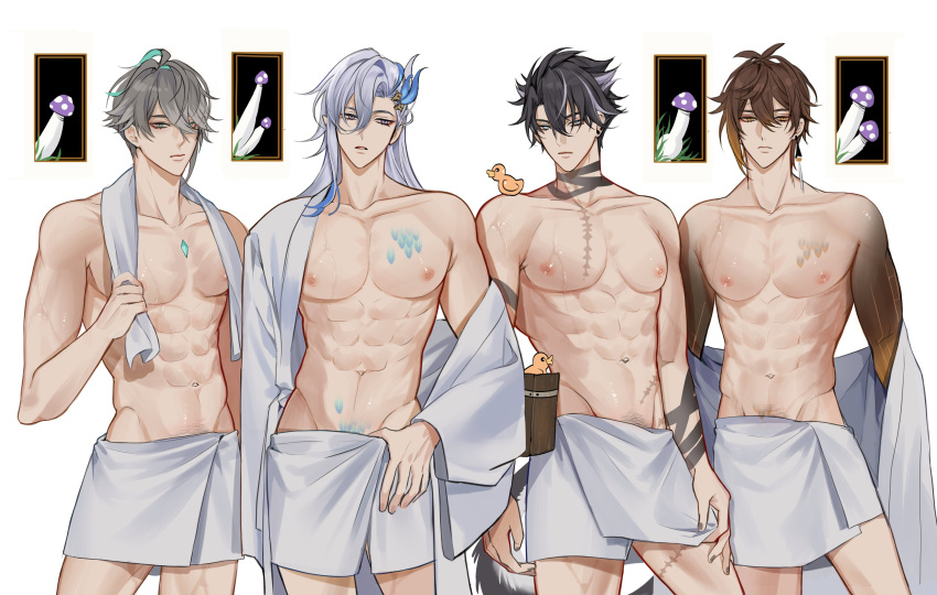 4boys abs absurdres alhaitham_(genshin_impact) aqua_hair black_hair blue_hair brown_hair closed_mouth earrings genshin_impact grey_hair hair_between_eyes hair_over_one_eye highres jewelry long_hair looking_at_viewer male_focus multicolored_hair multiple_boys muscular muscular_male mushroom navel neuvillette_(genshin_impact) nipples pnk_crow scar short_hair single_earring stomach streaked_hair towel towel_around_waist white_hair wriothesley_(genshin_impact) yellow_eyes zhongli_(genshin_impact)