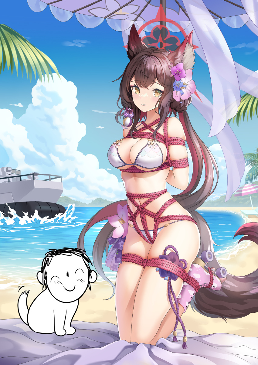 1boy 1girl :d absurdres animal_ear_fluff animal_ears animalization beach bikini black_hair black_pants blue_archive blurry boat bound breasts brown_eyes cleavage colored_inner_hair commentary_request depth_of_field dog doodle_sensei_(blue_archive) ean eyeshadow flower fox_ears fox_girl fox_tail hair_between_eyes hair_bun hair_flower hair_ornament halo highres kneeling long_hair looking_at_another looking_at_viewer makeup mountainous_horizon multicolored_hair navel official_alternate_costume official_alternate_hairstyle okazakileo one_side_up outdoors pants print_bikini red_eyeshadow restrained roller_skates sensei_(blue_archive) shibari sidelocks single_hair_bun skates smile stomach swimsuit tail tied_up_(nonsexual) two-tone_hair wakamo_(blue_archive) wakamo_(swimsuit)_(blue_archive) watercraft waving white_bikini