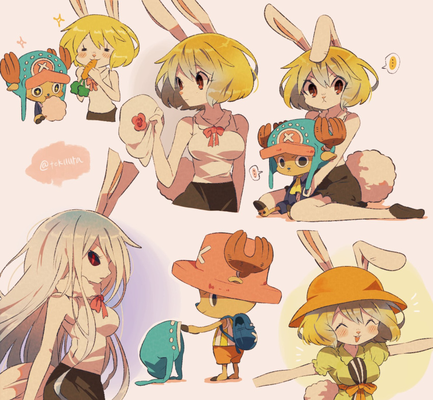 1boy 1girl antlers bag black_skirt blonde_hair carrot carrot_(one_piece) commentary_request eating fur_collar hat highres horns long_hair miniskirt multiple_views neck_ribbon on_ground one_piece pink_ribbon profile rabbit_girl red_eyes reindeer_antlers ribbon shirt short_hair shoulder_bag sitting sitting_on_lap sitting_on_person skirt star_(symbol) tokuura tony_tony_chopper white_hair white_shirt