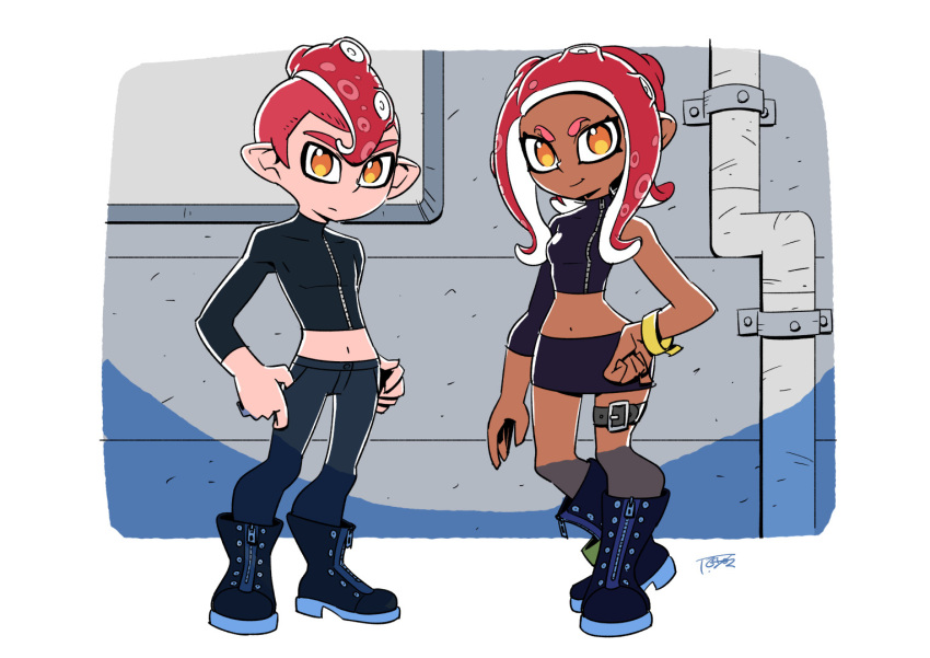 1boy 1girl agent_8_(splatoon) asymmetrical_sleeves boots border cropped_shirt dark-skinned_female dark_skin dual_persona full_body hand_on_own_hip industrial_pipe leg_belt looking_at_viewer midriff navel octopus orange_eyes pants pointy_ears signature skirt splatoon_(series) splatoon_2 stomach sunafuki_tabito tentacle_hair tentacles white_border zipper zipper_pull_tab