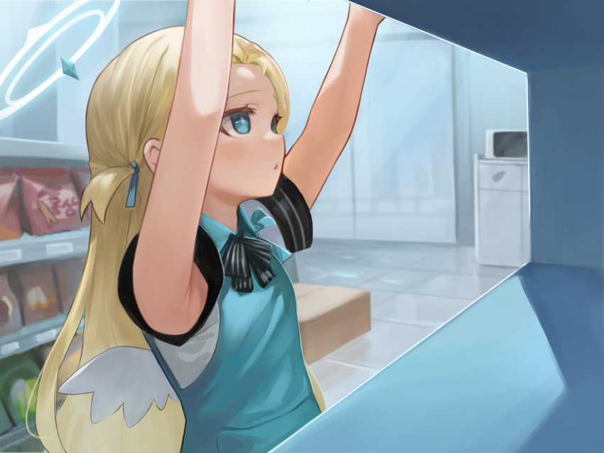 1girl angel's_24_uniform_(blue_archive) aqua_apron aqua_eyes armpits arms_up blonde_hair blue_archive convenience_store dokomon forehead halo highres indoors long_hair looking_ahead neck_ribbon ribbon shop solo sora_(blue_archive) striped_ribbon tile_floor tiles up_sleeve upper_body very_long_hair white_wings wings