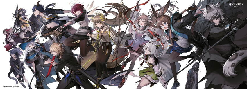 1other 2boys 6+girls ambiguous_gender amiya_(arknights) animal_ears anklet arknights arm_up axe bear_ears bear_girl belt_pouch black_choker black_eyes black_footwear black_headwear black_jacket black_pants black_pantyhose black_shirt black_thighhighs blonde_hair blue_eyes blue_hair blue_headwear brown_hair cane cat_ears cat_girl ch'en_(arknights) choker closed_mouth clothing_cutout coat collared_shirt commentary_request company_name copyright_name curled_horns detached_wings doctor_(arknights) dragon_girl dragon_horns elf eunectes_(arknights) exusiai_(arknights) eyjafjalla_(arknights) feet_out_of_frame foot_out_of_frame full_body goggles green_eyes grey_eyes grey_hair grin gun halo hand_up hat headphones highres holding holding_axe holding_cane holding_gun holding_shield holding_staff holding_weapon hood hood_up horns horse_boy horse_ears horse_tail infection_monitor_(arknights) itefu jacket jessica_(arknights) jewelry jumping kal'tsit_(arknights) leopard_boy leopard_ears leopard_girl leopard_tail long_hair long_skirt long_sleeves looking_ahead mask midair mlynar_(arknights) muelsyse_(arknights) multicolored_hair multiple_boys multiple_girls multiple_rings necktie off_shoulder open_mouth outstretched_arm pants pantyhose pointy_ears pouch rabbit_ears rabbit_girl red_eyes red_hair respirator ring scabbard serious sheath sheep_ears sheep_girl sheep_horns shield shirt short_hair sideways_glance silverash_(arknights) simple_background skadi_(arknights) skirt smile snake_girl snake_tail spotted_tail staff streaked_hair tail thigh_cutout thighhighs two-sided_fabric two-sided_headwear unworn_goggles weapon white_background white_coat white_jacket white_shirt wings yellow_eyes yellow_necktie zima_(arknights)