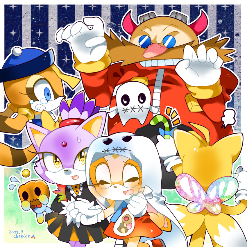 2boys 3girls animal_ears blaze_the_cat blue_eyes brown_fur candy cat_ears cat_girl cheese_(sonic) cream_the_rabbit demon_horns dr._eggman dress facial_hair fairy_wings food forehead_jewel fox_boy fox_ears fox_tail furry furry_female furry_male ghost gloves halloween_costume highres horns jacket jiangshi_costume kusunoki_cherry low_twintails marine_the_raccoon multiple_boys multiple_girls mustache orange_dress orange_fur purple_fur rabbit_girl rabbit_tail raccoon_girl raccoon_tail red_jacket sonic_(series) tail tails_(sonic) tinted_eyewear twintails white_gloves wings yellow_eyes