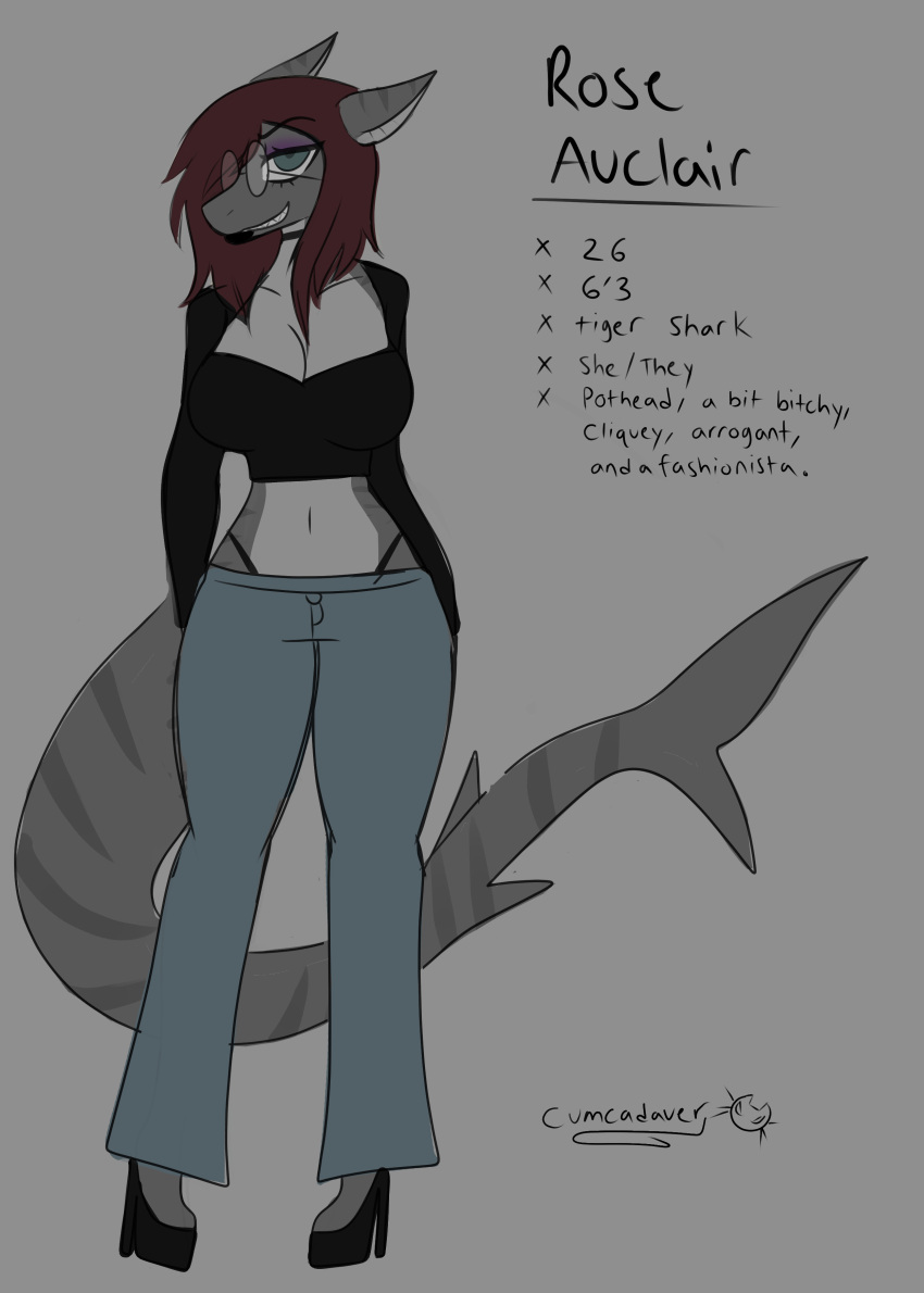 absurd_res anthro big_breasts breasts cleavage clothed clothing cumcadaver curvy_figure eyewear female fish footwear glasses hi_res high_heels marine nonbinary_(lore) requiem_shark rose_auclair shark solo thong tiger_shark underwear voluptuous