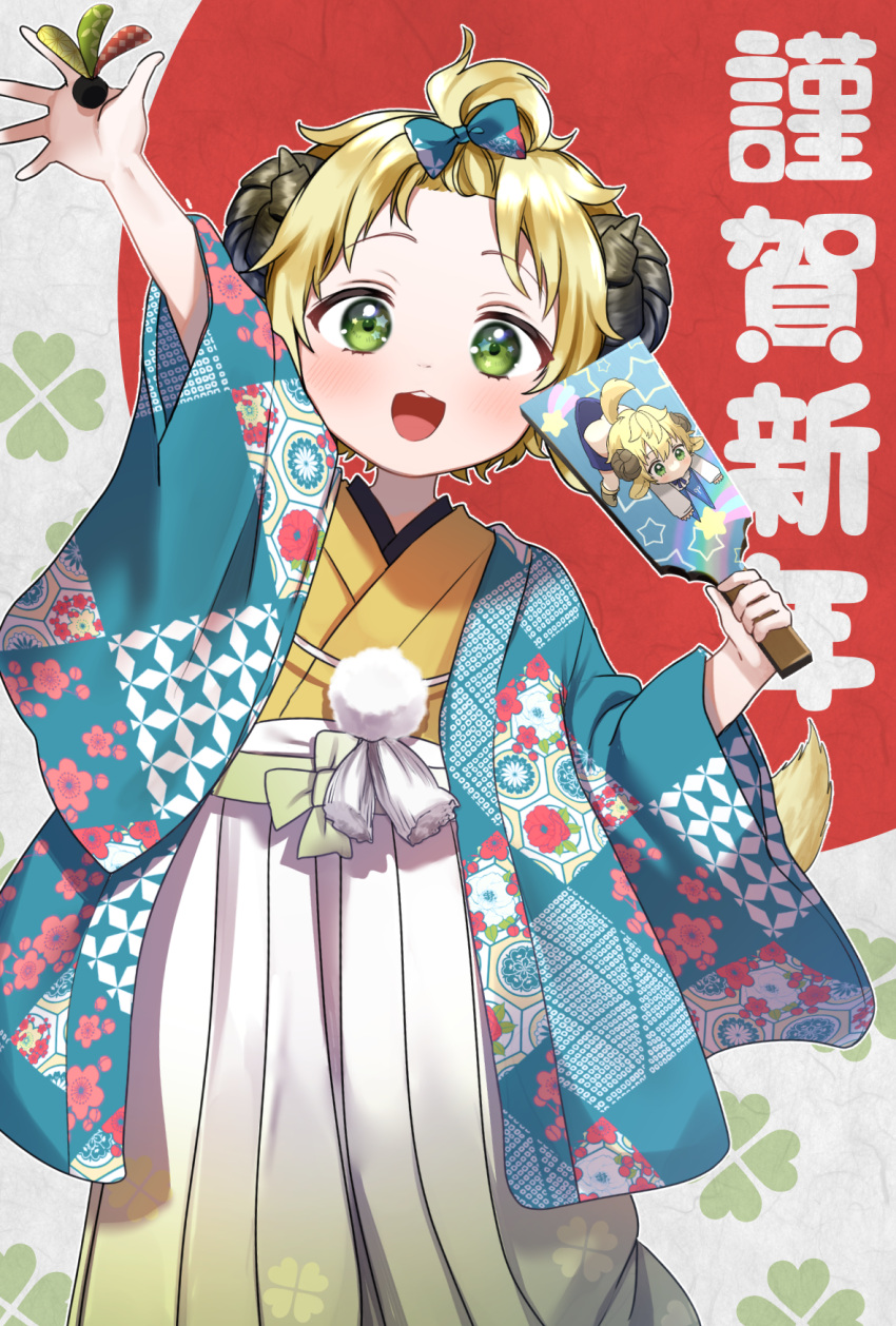 1boy alternate_costume animal_ears arm_up bangs_pinned_back blush chestnut_mouth curled_horns green_eyes hagoita hakama hakama_pants hane_(hanetsuki) hanetsuki haori highres holding holding_paddle horns indie_virtual_youtuber japanese_clothes kazepana kimono looking_at_viewer male_focus new_year original paddle pants pomu_meruto sheep_boy sheep_ears sheep_horns teeth upper_teeth_only virtual_youtuber white_hakama yellow_kimono