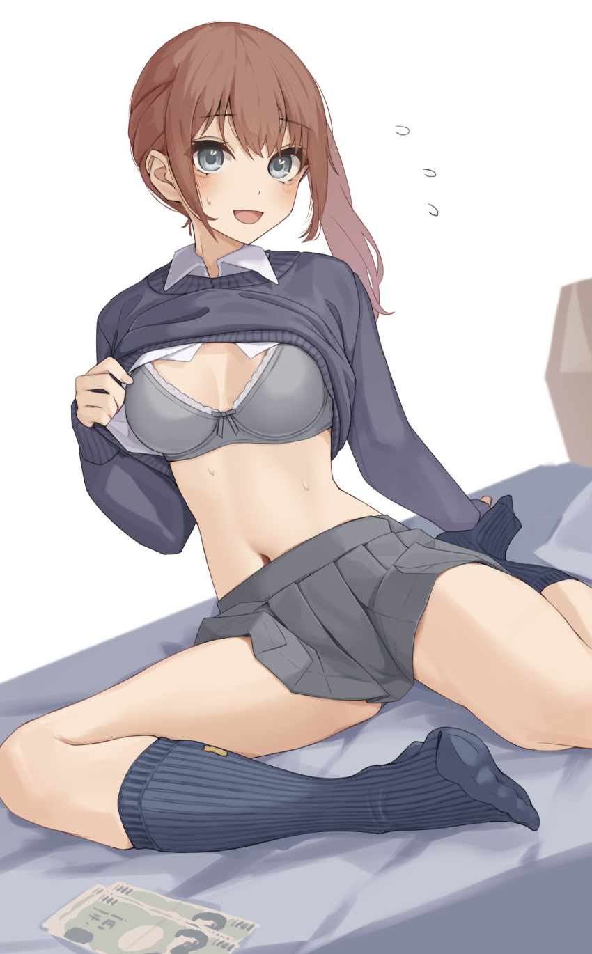 1girl :d absurdres banknote bed black_socks black_sweater bow bow_bra bra breasts brown_hair clothes_lift collared_shirt commentary_request dress_shirt flying_sweatdrops grey_bra grey_eyes grey_skirt hair_between_eyes highres kopaka_(karda_nui) long_hair long_sleeves looking_at_viewer medium_breasts money navel no_shoes on_bed original pleated_skirt puffy_long_sleeves puffy_sleeves ribbed_legwear ribbed_socks shirt shirt_lift side_ponytail simple_background sitting skirt sleeves_past_wrists smile socks solo sweat sweater sweater_lift underwear white_background white_shirt