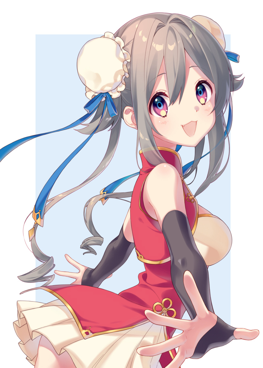 1girl :d bare_shoulders black_gloves blue_background breasts bun_cover china_dress chinese_clothes commentary_request cropped_jacket double_bun dress fang fingerless_gloves from_side gloves grey_hair hair_between_eyes hair_bun highres jacket kusumoto_shizuru long_hair looking_at_viewer looking_to_the_side medium_breasts original outstretched_arms pleated_skirt purple_eyes red_dress red_jacket skirt sleeveless sleeveless_jacket smile solo twintails two-tone_background very_long_hair white_background white_skirt