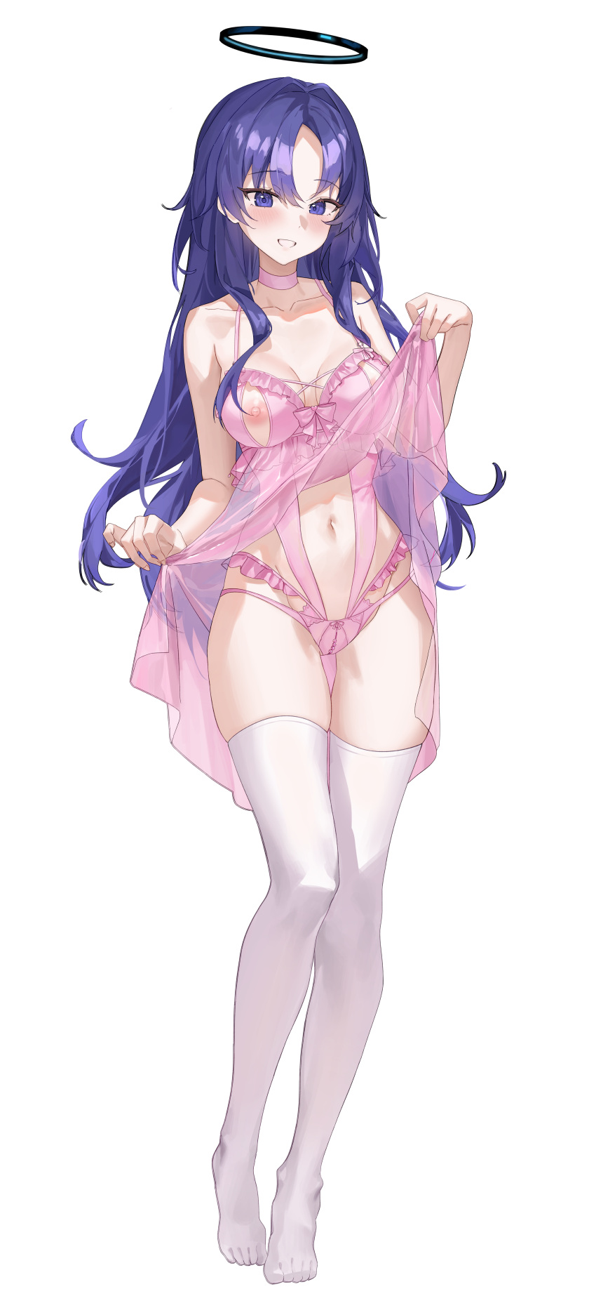 1girl absurdres blue_archive blush breasts choker collarbone full_body grin hido88 highres lingerie long_hair looking_at_viewer medium_breasts navel nipples panties pink_choker pink_panties purple_eyes purple_hair simple_background smile solo thighhighs underwear white_background white_thighhighs yuuka_(blue_archive)