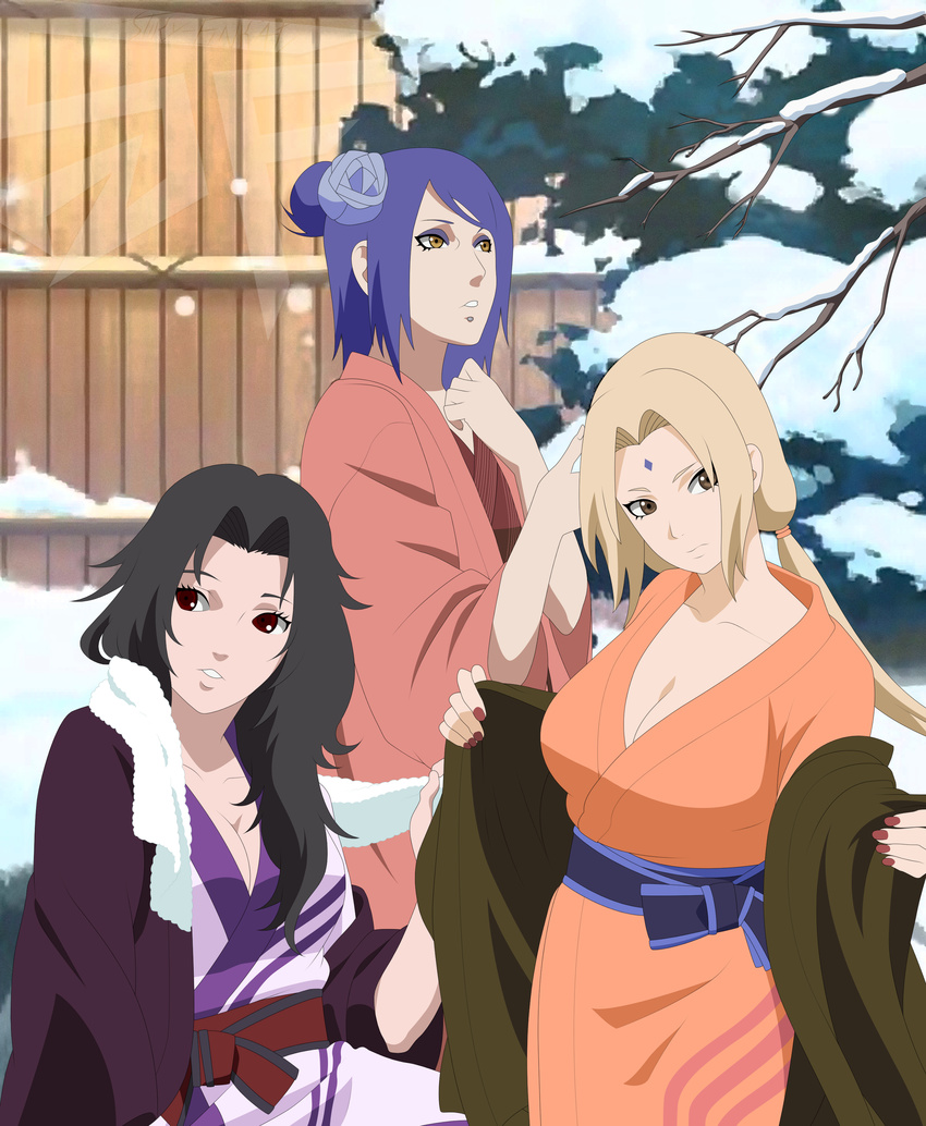 3girls alternate_costume black_hair blonde_hair blue_hair breasts brown_eyes cleavage curly_hair facial_mark forehead_mark highres japanese_clothes kimono konan labret_piercing large_breasts long_hair multiple_girls naruto naruto_shippuuden red_eyes short_hair sitting snow standing stiky_finkaz tsunade twintails yuuhi_kurenai