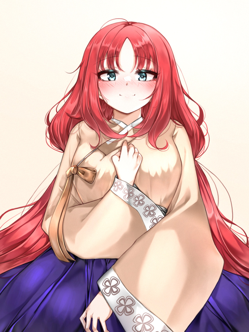 1girl alternate_costume ao_tanuki blue_eyes blue_skirt blush bow breasts brown_bow brown_hanbok genshin_impact hanbok hand_on_own_chest highres korean_clothes large_breasts long_hair looking_at_viewer low_twintails nilou_(genshin_impact) parted_bangs red_hair skirt smile solo straight-on twintails very_long_hair