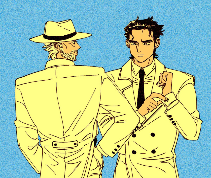 2boys bad_id bad_twitter_id beard blue_background coat earrings facial_hair hat jacket jewelry jojo_no_kimyou_na_bouken joseph_joestar joseph_joestar_(old) kujo_jotaro looking_at_another looking_down male_focus multiple_boys short_hair simple_background stardust_crusaders thick_eyebrows tio7tio8 upper_body