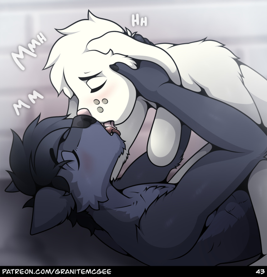 anthro black_hair canid canine canis chest_tuft claws cole_(granitemcgee) comic duo floppy_ears french_kissing fur granitemcgee grey_body grey_fur hair hi_res inside interspecies intimate kissing lagomorph leporid long_ears lucas_(granitemcgee) male male/male mammal nude rabbit showers tongue tongue_out tuft white_body white_fur wolf