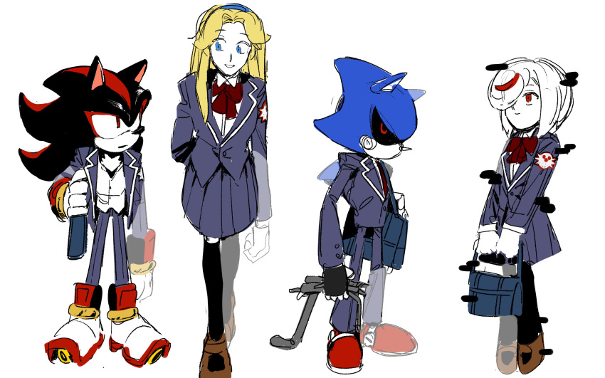 2boys 2girls absurdres alternate_costume animal_ears animal_nose bag blazer blonde_hair blue_eyes closed_mouth commentary diamondx1704 english_commentary full_body furry furry_male gloves grey_jacket highres holding holding_bag jacket long_hair looking_at_another maria_robotnik metal_sonic multiple_boys multiple_girls pants red_eyes robot sage_(sonic) school_bag school_uniform shadow_the_hedgehog shirt shoes short_hair simple_background skirt smile sonic_(series) standing white_background white_gloves white_hair