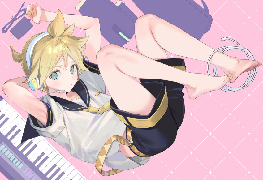 1boy armpits barefoot bishounen black_shorts blonde_hair blue_eyes comiket_103 commentary_request feet hair_ornament hairclip headphones headset highres kagamine_len looking_at_viewer male_focus naoko_(naonocoto) necktie piano_keys shorts solo toes usb vocaloid yellow_nails yellow_necktie