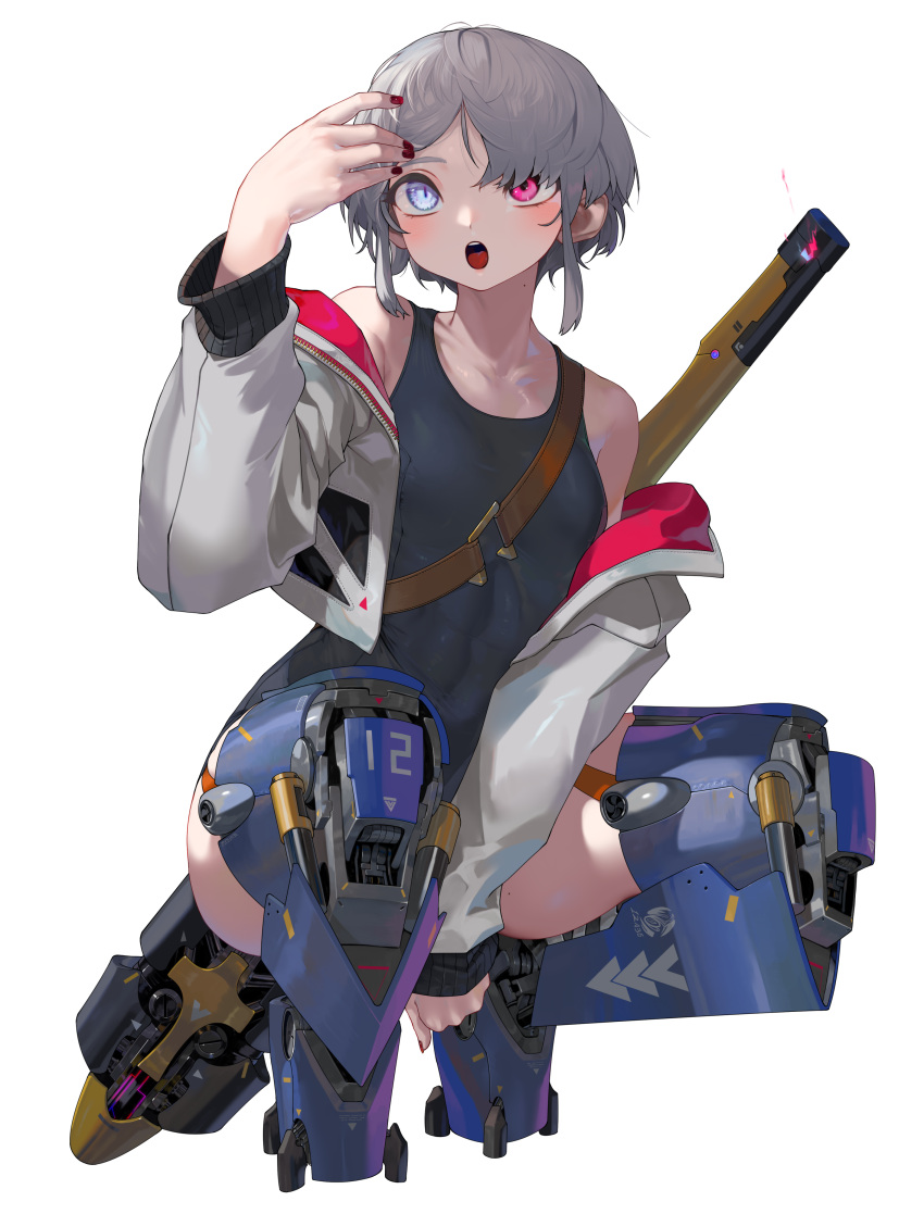 1girl :o absurdres blue_eyes cyborg grey_hair hair_lift hair_over_one_eye heterochromia highres jacket mismatched_pupils nail_polish off_shoulder original prosthesis prosthetic_leg red_eyes short_hair solo squatting tank_top yunimaru