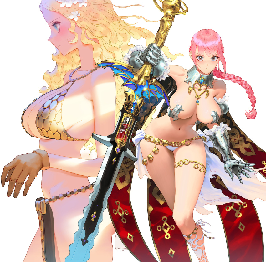 2girls absurdres armor bare_shoulders bead_necklace beads bikini_armor blonde_hair blue_eyes blush braid braided_ponytail breasts brown_eyes brown_gloves cape cleavage closed_mouth code_of_princess commentary cosplay costume_switch crossover english_commentary feet_out_of_frame flower frilled_gauntlets gauntlets glint gloves greatsword hair_flower hair_ornament highres holding holding_sword holding_weapon hourglass jewelry large_breasts leather leather_gloves long_hair looking_at_viewer multiple_girls navel necklace one_piece pelvic_curtain pink_hair profile rebecca_(one_piece) red_cape simple_background solange_blanchefleur_de_luxe standing sword thighlet v-shaped_eyebrows wavy_hair weapon white_background wonbin_lee